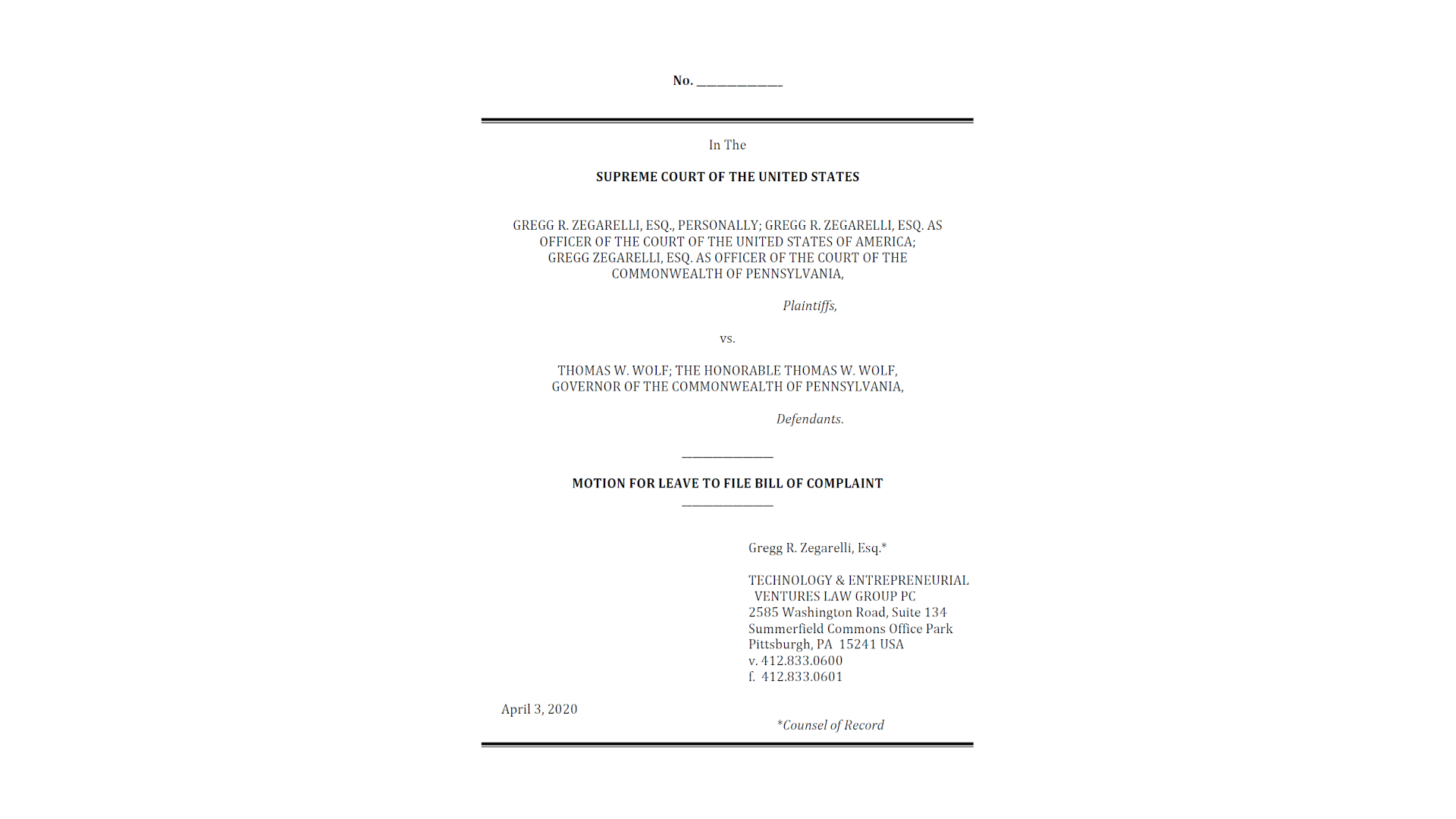 Zegarelli v. The Hon. Gov. Wolf—In Defense of Separation of Powers; Or, My COVID Experience with Hate Mail…from My Brethren Lawyers Who Would Kill All the Lawyers